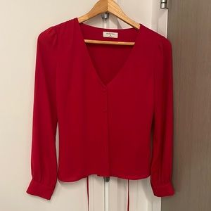 Aritzia Babaton red v-neck long-sleeve button down blouse with tie in the back